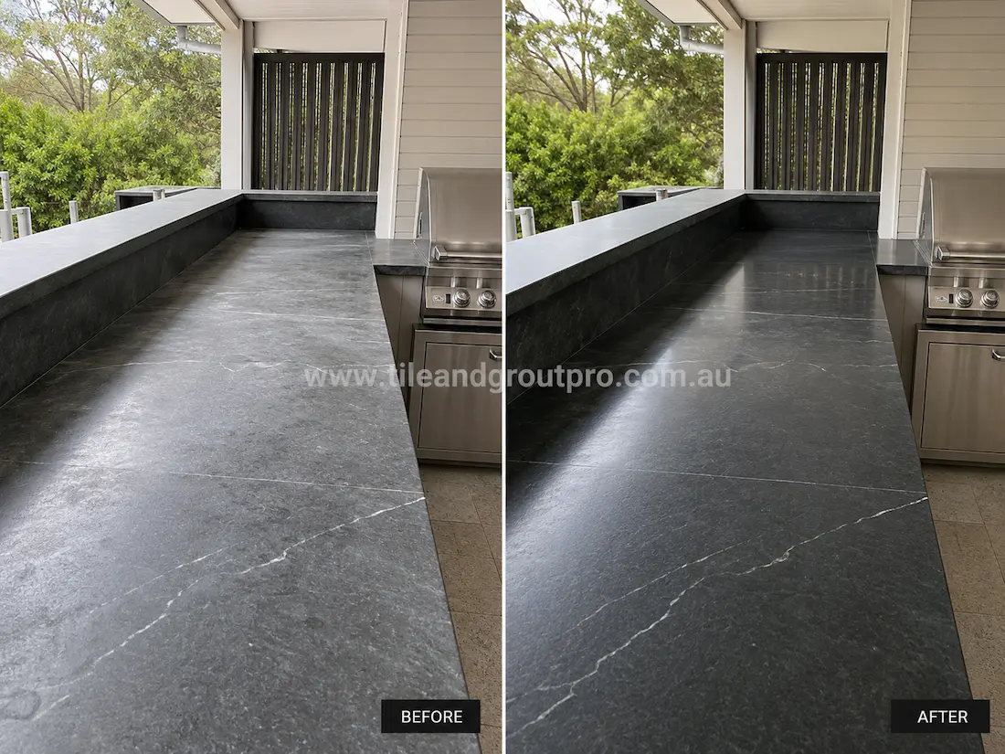 Outdoor soapstone BBQ countertop before and after polishing, showing faded, worn surface before polishing and deepened, glossy surface after.