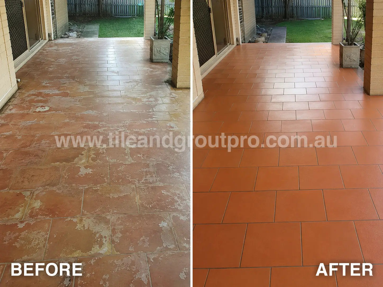 Before-and-after comparison of covered patio terracotta pavers with peeling sealer residue, white staining, and weathered surface before Sealer Stripping.