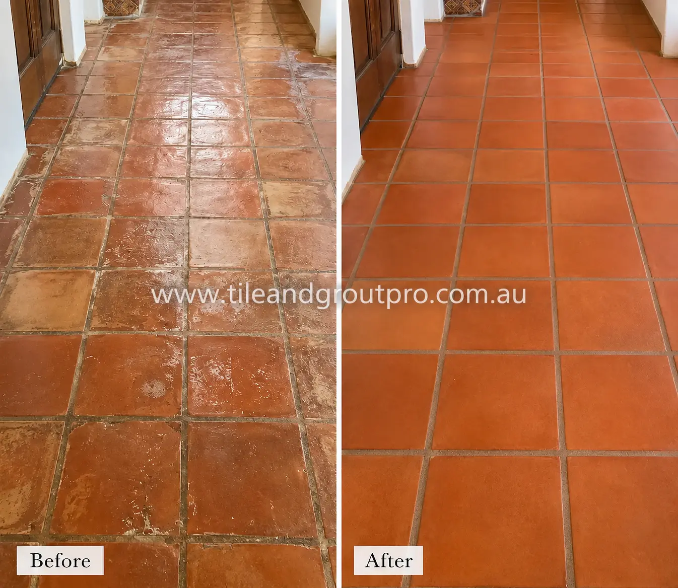 Before-and-after comparison of hallway terracotta floor tiles with old sealer buildup, patchy shine, and surface wear before Sealer Stripping.