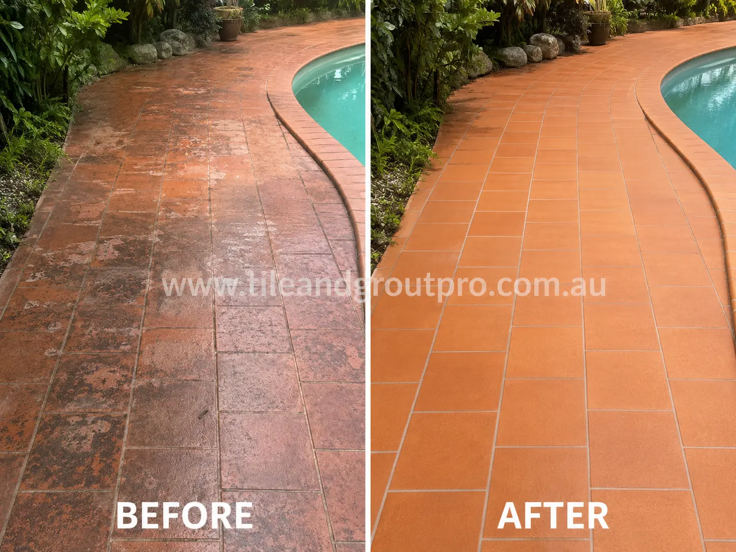 Before-and-after comparison of poolside terracotta tiles with dark sealer buildup, patchy discoloration, and worn surface coating before Sealer Stripping.