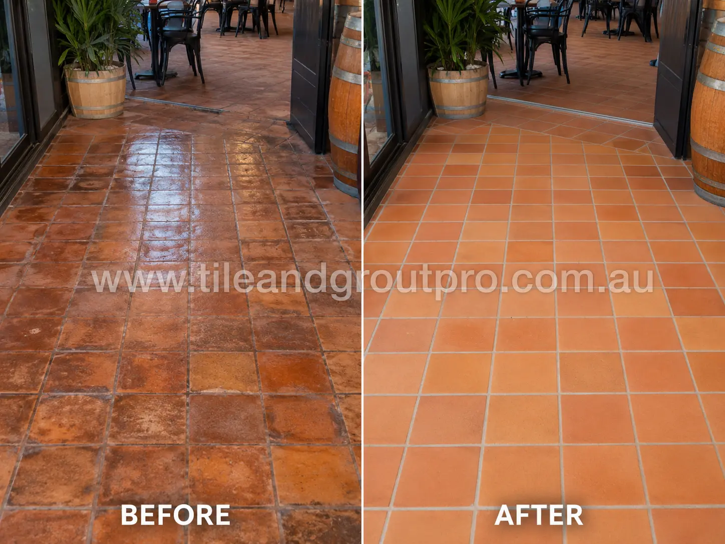 Before-and-after comparison of restaurant entrance terracotta floor tiles with uneven glossy sealer, surface wear, and embedded dirt before Sealer Stripping.
