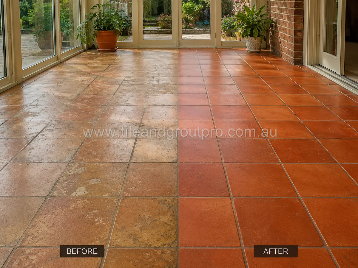 Before-and-after comparison of sunroom terracotta floor tiles with worn sealer coating, dull patches, and uneven discoloration before Sealer Stripping.