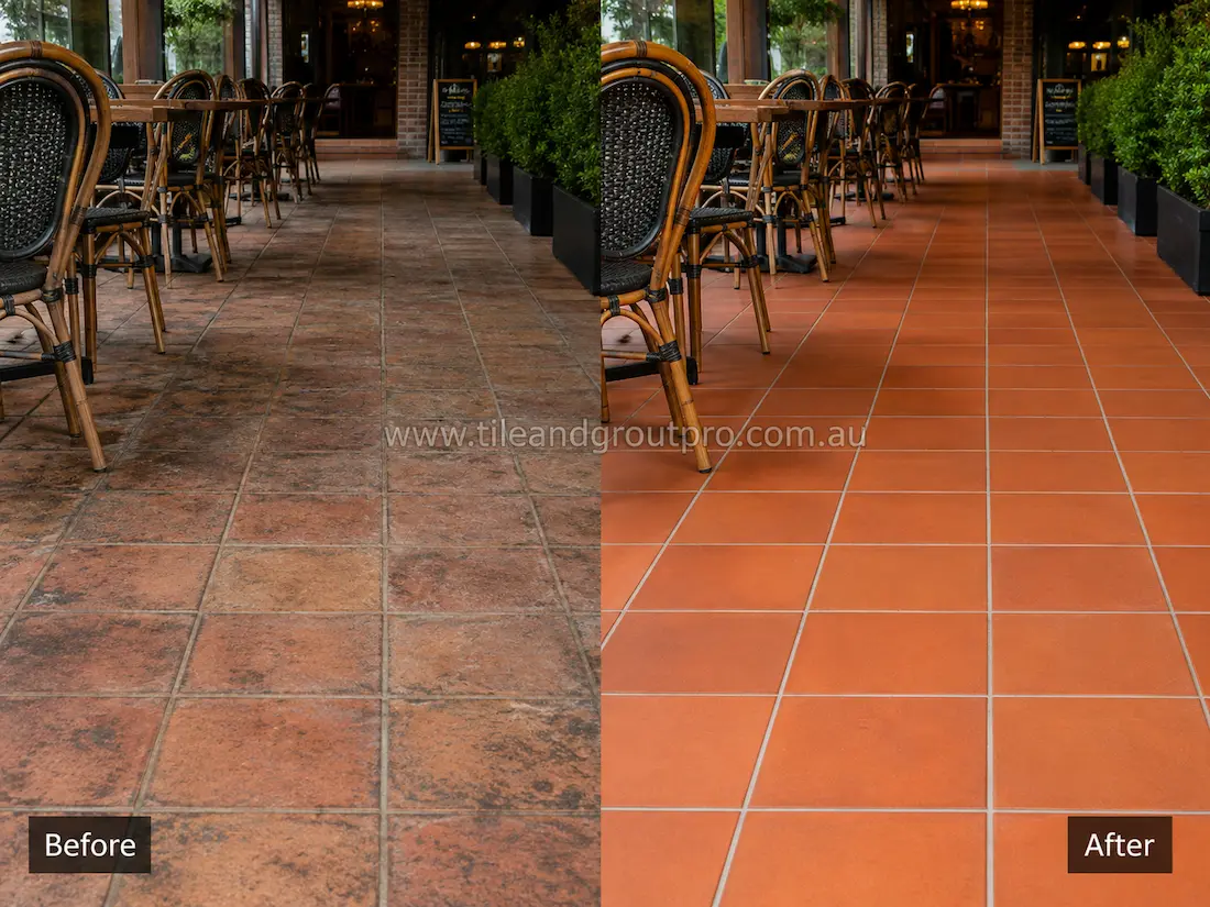 Before tile renewal, terracotta floor tiles in a restaurant dining area appeared worn and dull with ingrained dirt, traffic marks, and darkened grout affecting the overall presentation of the space.