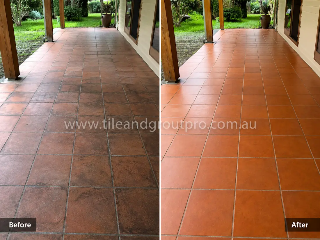 Before tile renewal, terracotta floor tiles on a covered verandah appeared dull and patchy with accumulated dirt, faded colour, and visible wear across the outdoor living space.