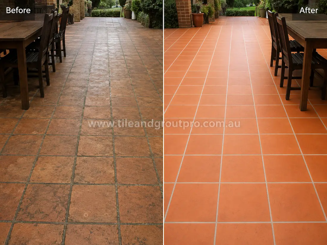 Before tile renewal, terracotta patio floor tiles in an outdoor dining area displayed weathering, dirt buildup, faded colour, and darkened grout lines from long-term outdoor exposure.