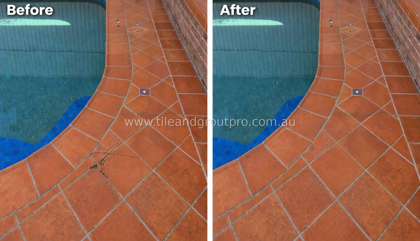 Swimming pool edge tiles before and after crack repair showing restored tiles and improved grout finish
