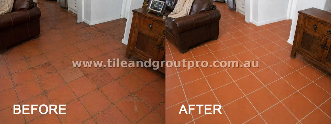 Terracotta living room floor restoration before and after cleaning, grout restoration, and sealing