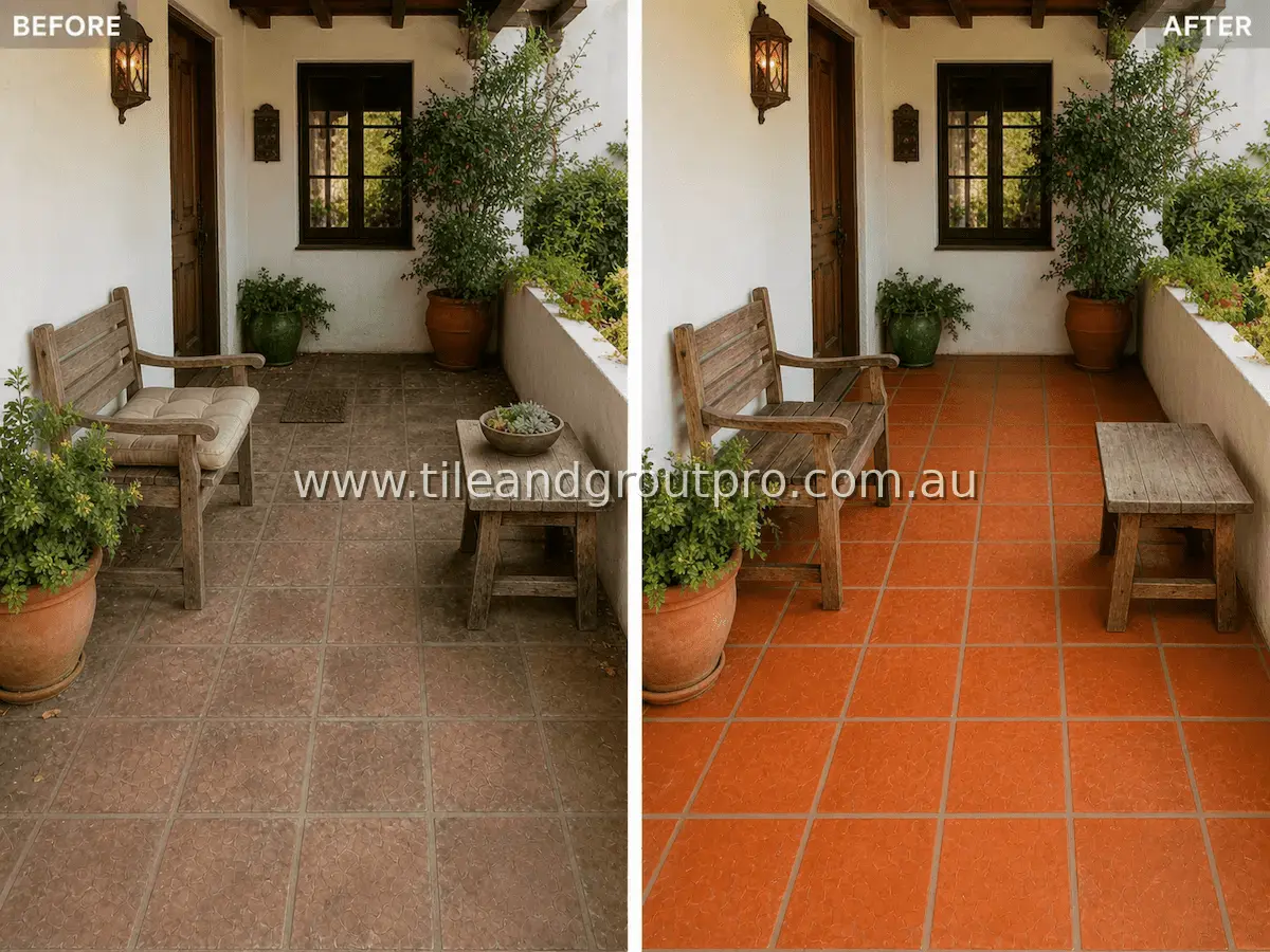Terracotta tile exterior patio walkway with heavy soil, dark stains, and worn grout lines from foot traffic and weather exposure before cleaning