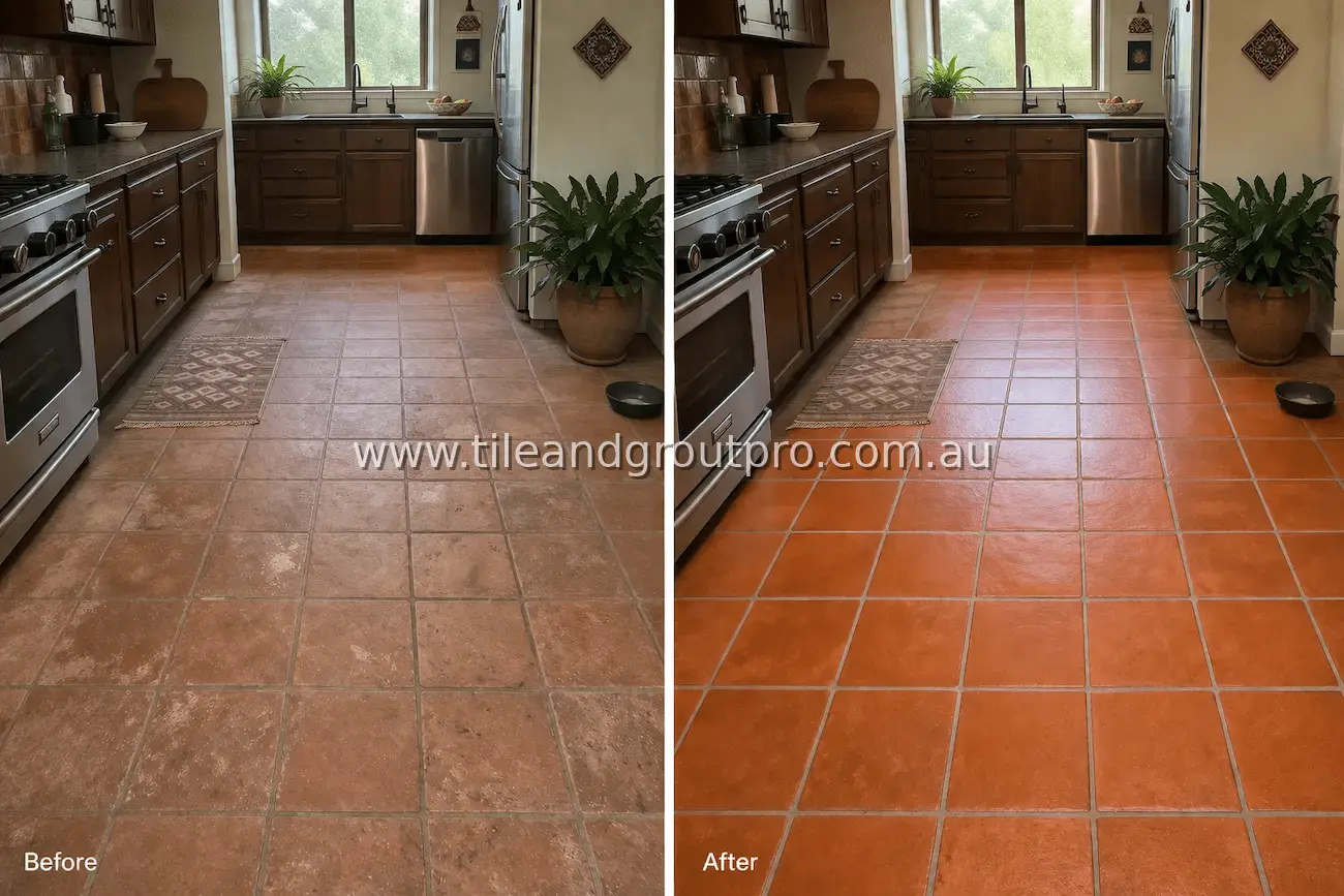 Terracotta kitchen floor tiles with heavy soil buildup, dull finish, and stained grout lines from cooking and foot traffic before tile and grout cleaning