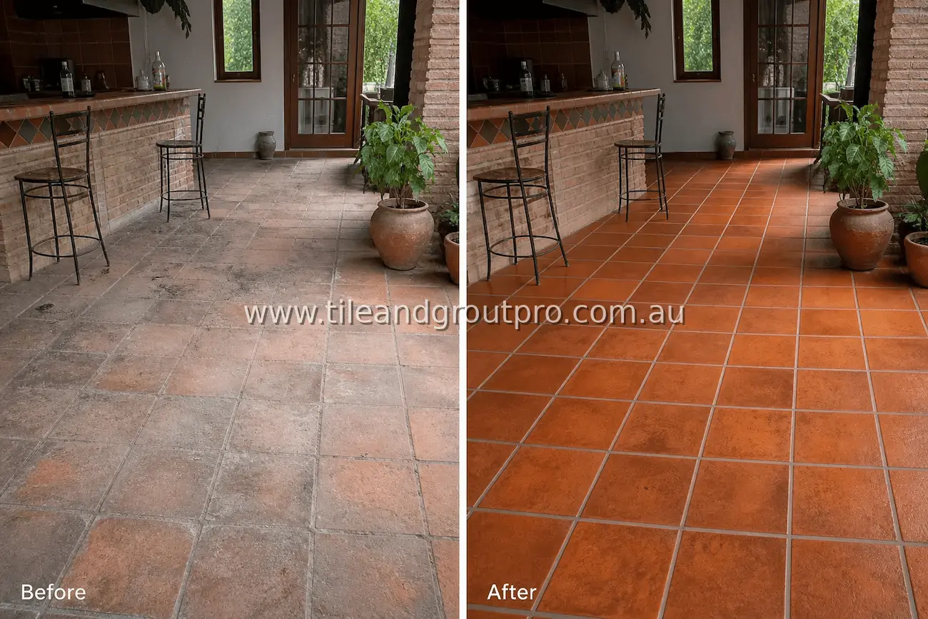 Terracotta tile outdoor kitchen patio floor with grease stains, dirt accumulation, and worn grout lines before tile and grout cleaning service