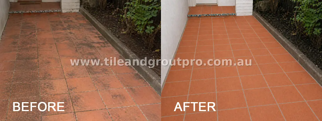 Terracotta walkway restoration before and after pressure cleaning and grout restoration for a refreshed look