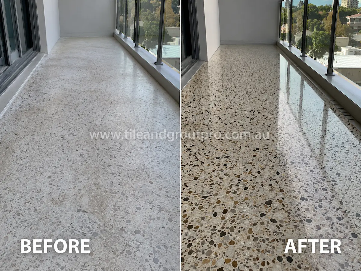 Before-and-after comparison of terrazzo balcony floor tiles with faded sealer residue, low shine, and cloudy surface appearance before Sealer Stripping.