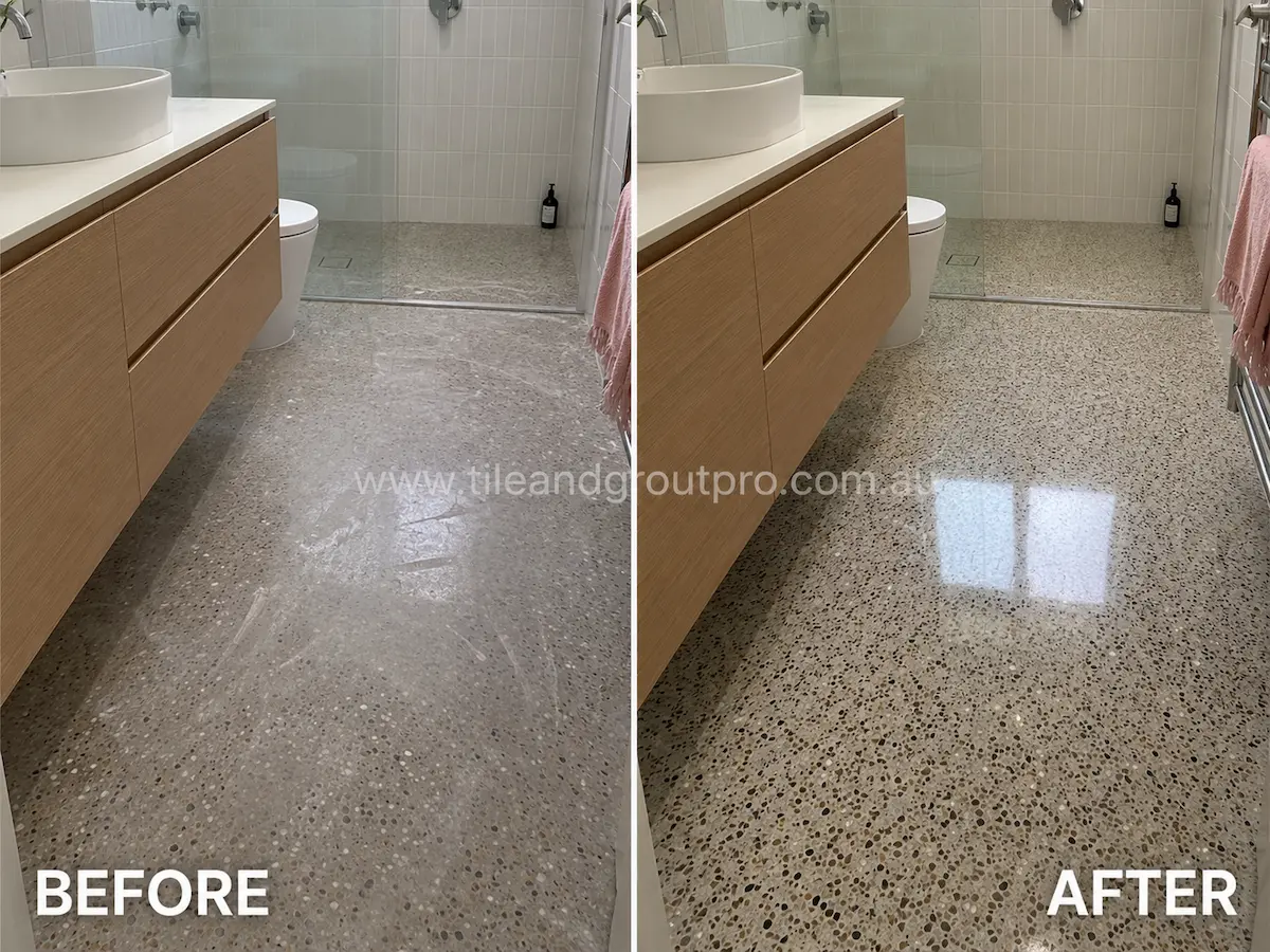Before-and-after comparison of terrazzo bathroom floor tiles with hazy sealer coating, dull appearance, and uneven surface finish before Sealer Stripping.