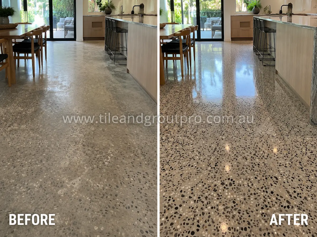Before-and-after comparison of terrazzo kitchen floor tiles with faded sealer residue, patchy finish, and reduced shine before Sealer Stripping.