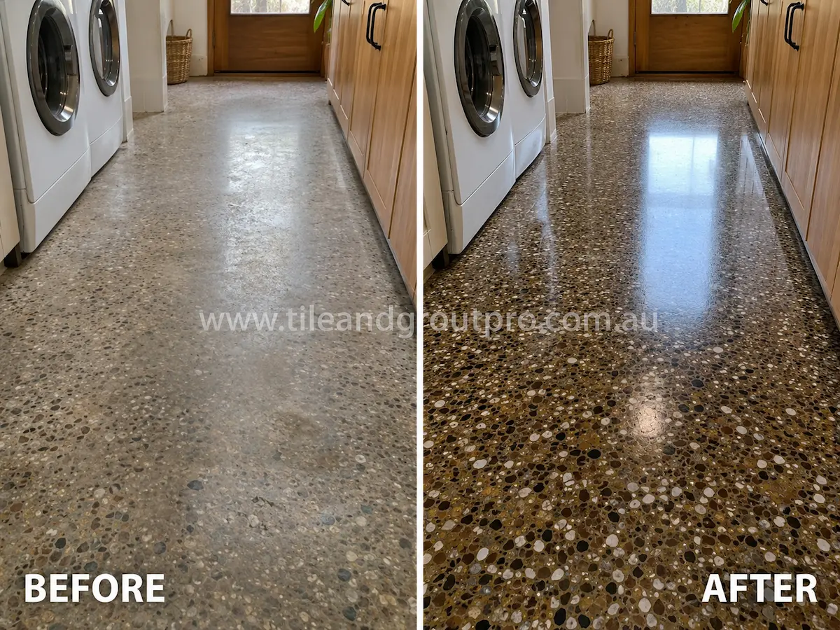 Before-and-after comparison of terrazzo laundry room floor tiles with worn sealer layers, muted stone aggregate detail, and low gloss before Sealer Stripping.