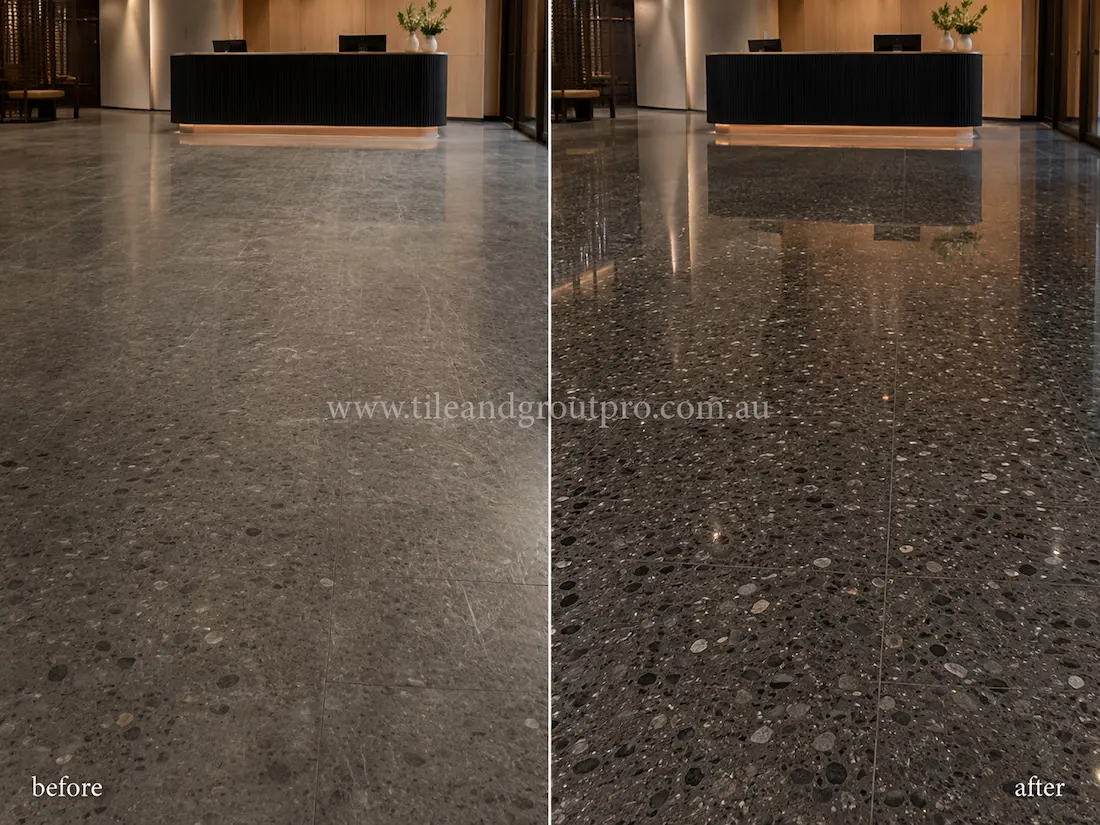 Commercial lobby with dark terrazzo floor tiles before and after scratch removal, showing heavy surface scratches restored to a glossy reflective polished finish.