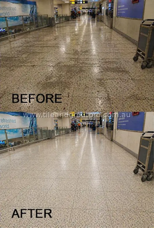 Commercial terrazzo floor polishing before and after showing improved shine, cleanliness, and restored high-traffic surface