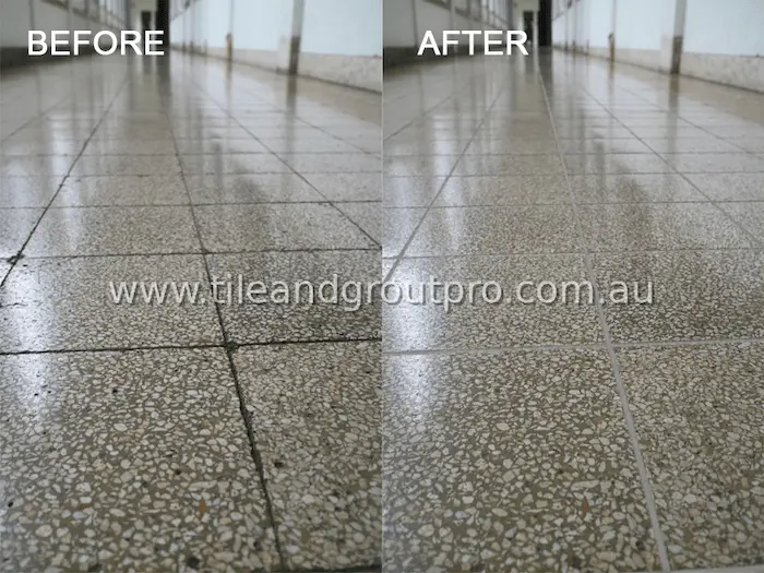 Commercial hallway tile regrouting before and after with improved grout lines and cleaner floor appearance