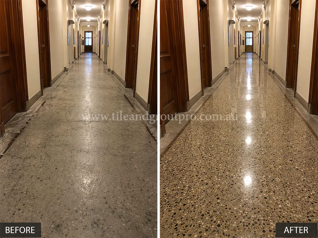 Before tile renewal, the heritage terrazzo hallway floor showed worn polishing, low gloss, and visible traffic dullness along the corridor.