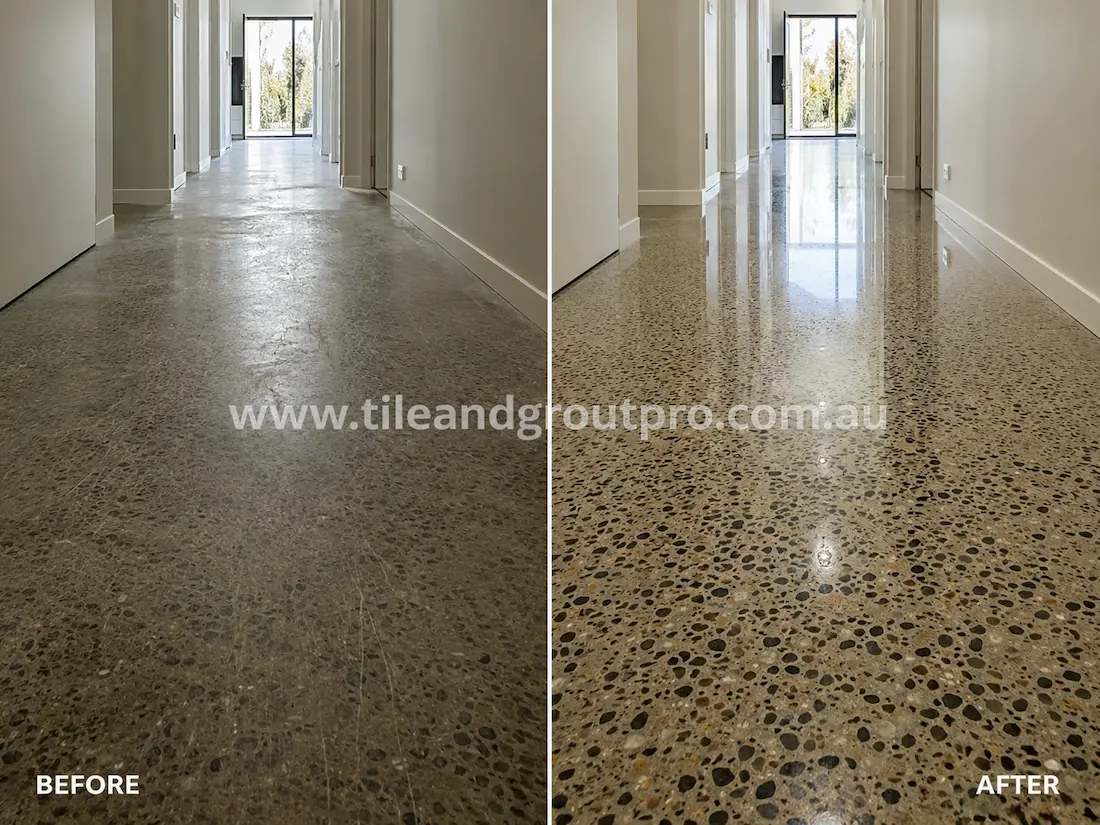 Residential hallway terrazzo floor before grinding, featuring worn aggregate flooring with visible scratches, dull patches, and faded shine along the corridor.