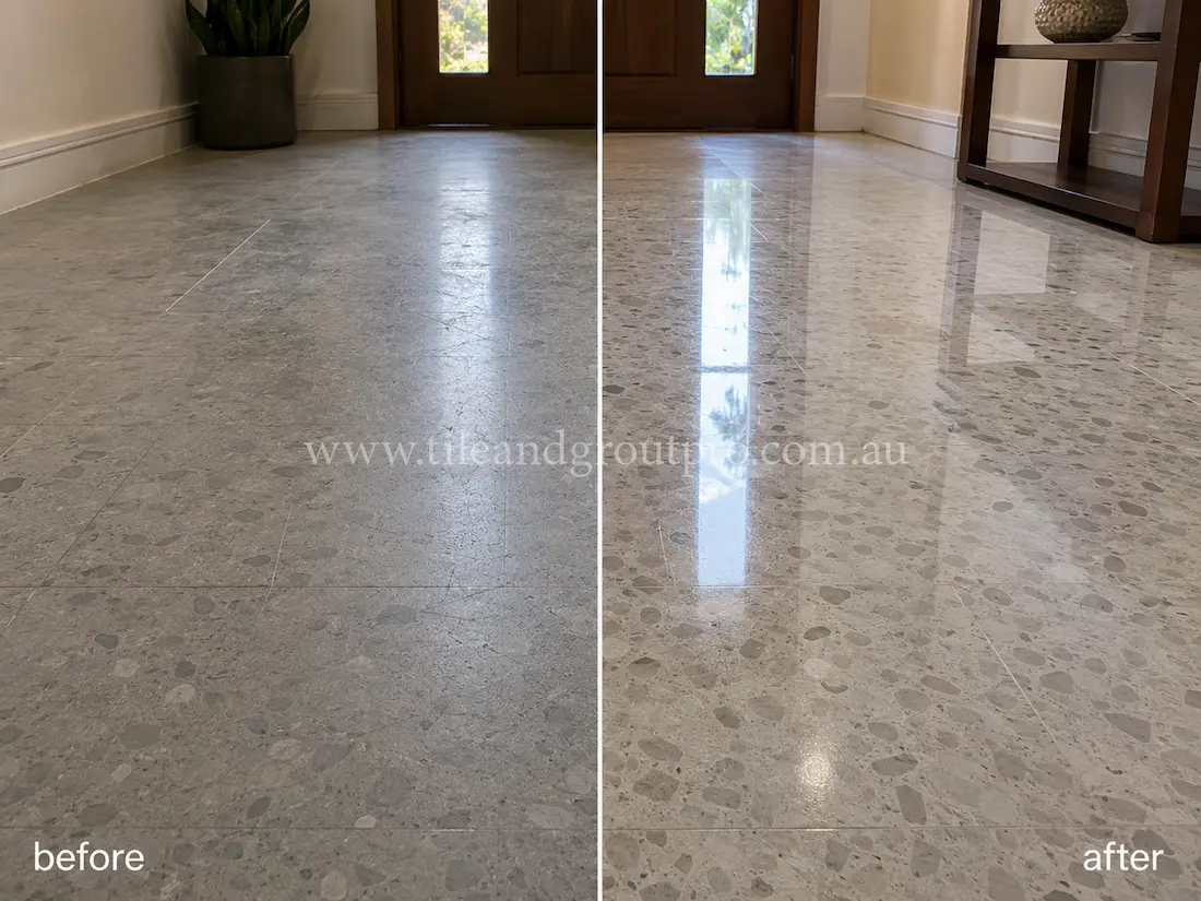 Residential entryway with grey terrazzo floor tiles before and after scratch removal, showing dull scratched flooring restored to a smooth polished reflective finish near timber doors.