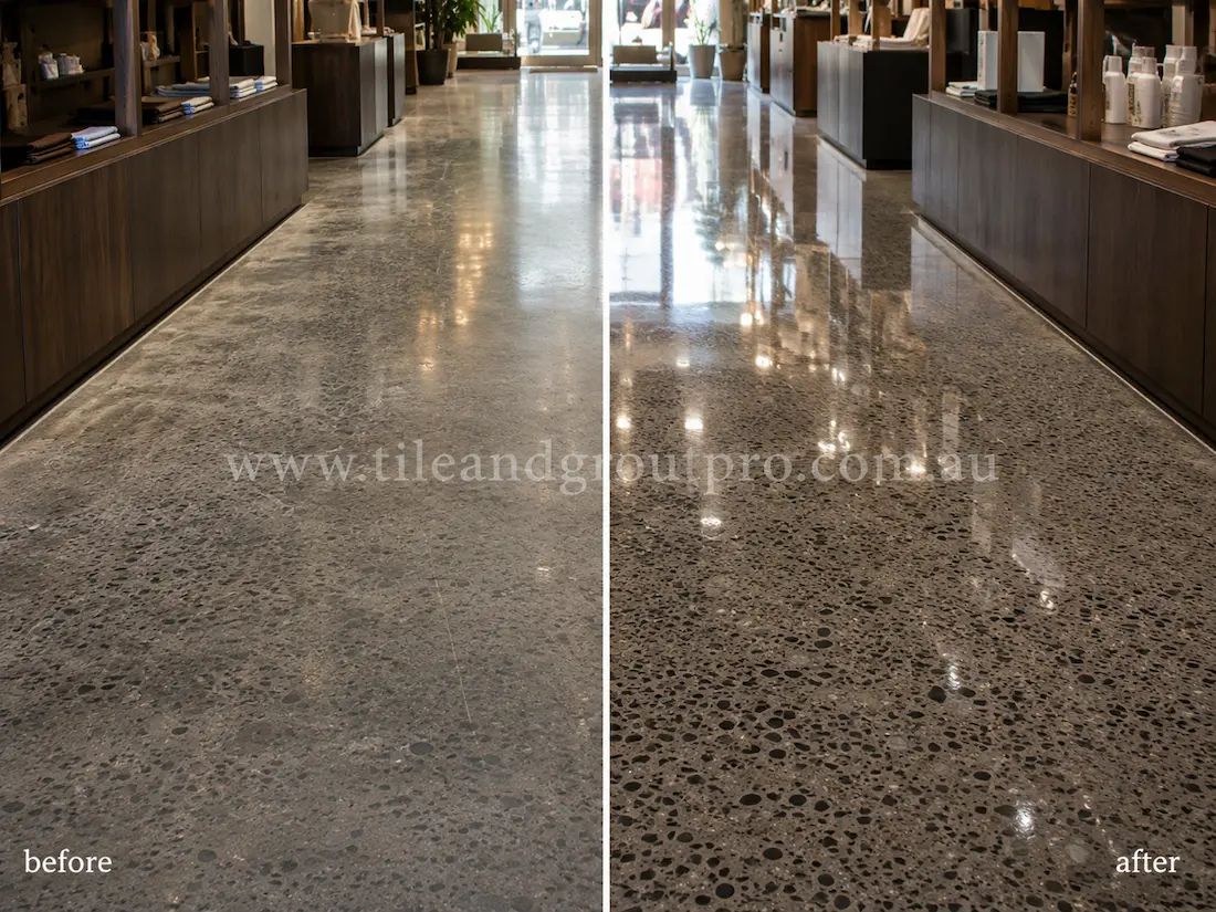 Retail store interior with terrazzo floor tiles before and after scratch removal, showing worn scratched flooring restored to a clean high-gloss reflective surface.