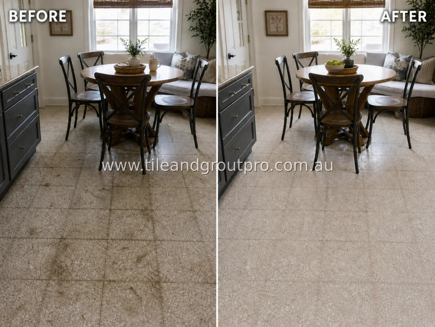Terrazzo tiles in a dining area showing dull surface, dirt accumulation, and worn grout lines before professional tile and grout cleaning