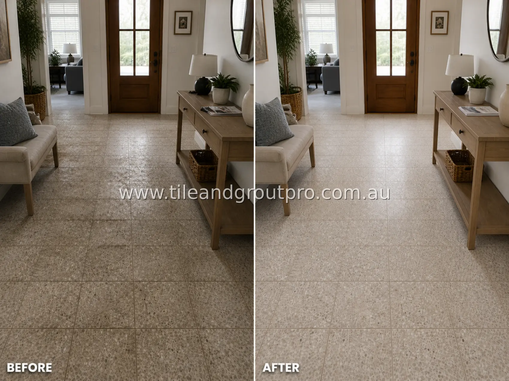 Terrazzo tiles in a home entryway showing heavy foot traffic soil, dull finish, and stained grout lines before professional cleaning