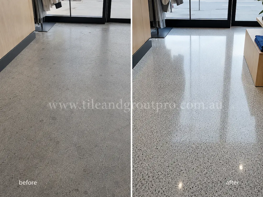 Healthcare facility corridor with terrazzo flooring showing dull patches, wear patterns, and reduced reflectivity before terrazzo tile resurfacing and polishing.