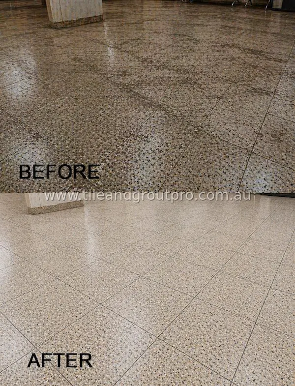 Terrazzo floor restoration before and after showing deep cleaning, stain removal, and polished natural stone surface