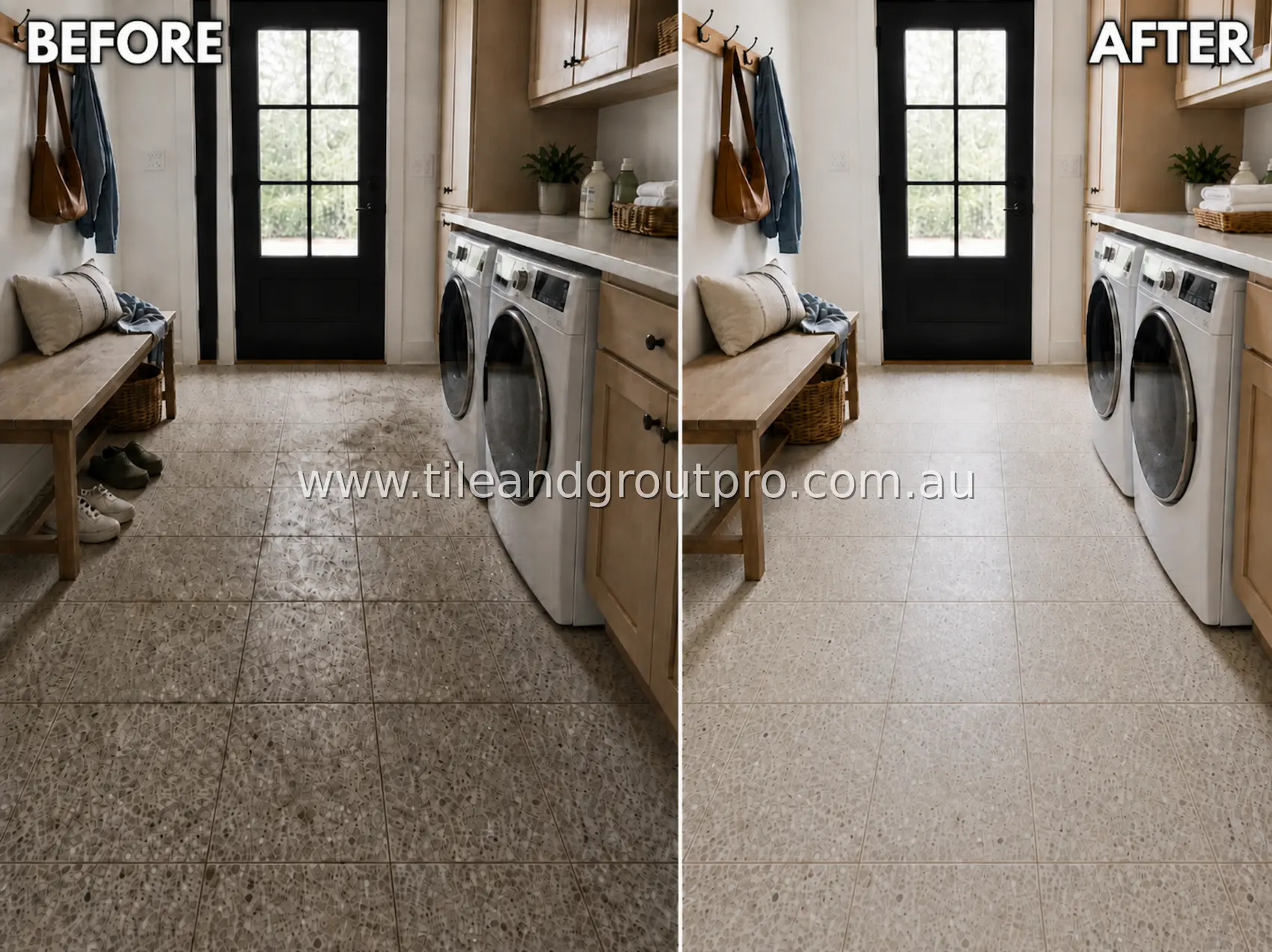 Terrazzo floor tiles in a laundry room with heavy soil buildup, stains, and discolored grout lines before tile and grout cleaning