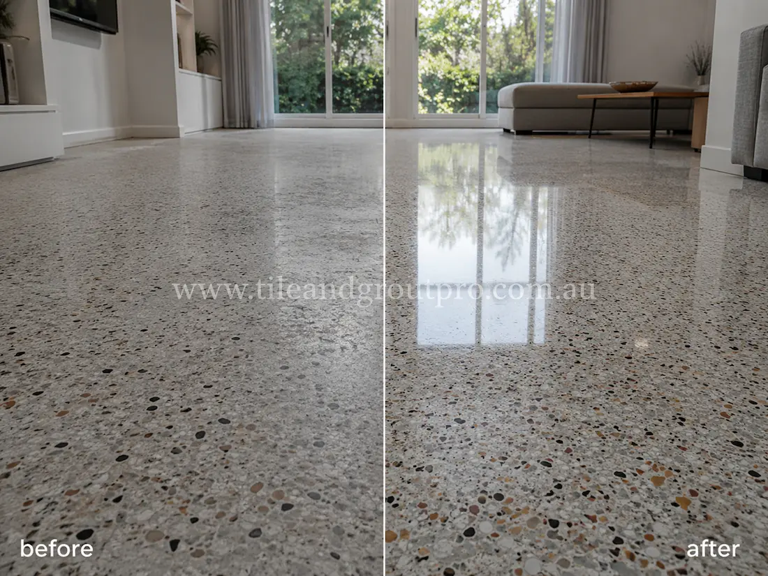 Before stone polishing, the terrazzo living room floor had a cloudy, low-gloss appearance with muted aggregate detail and weak reflections near large sliding glass doors.