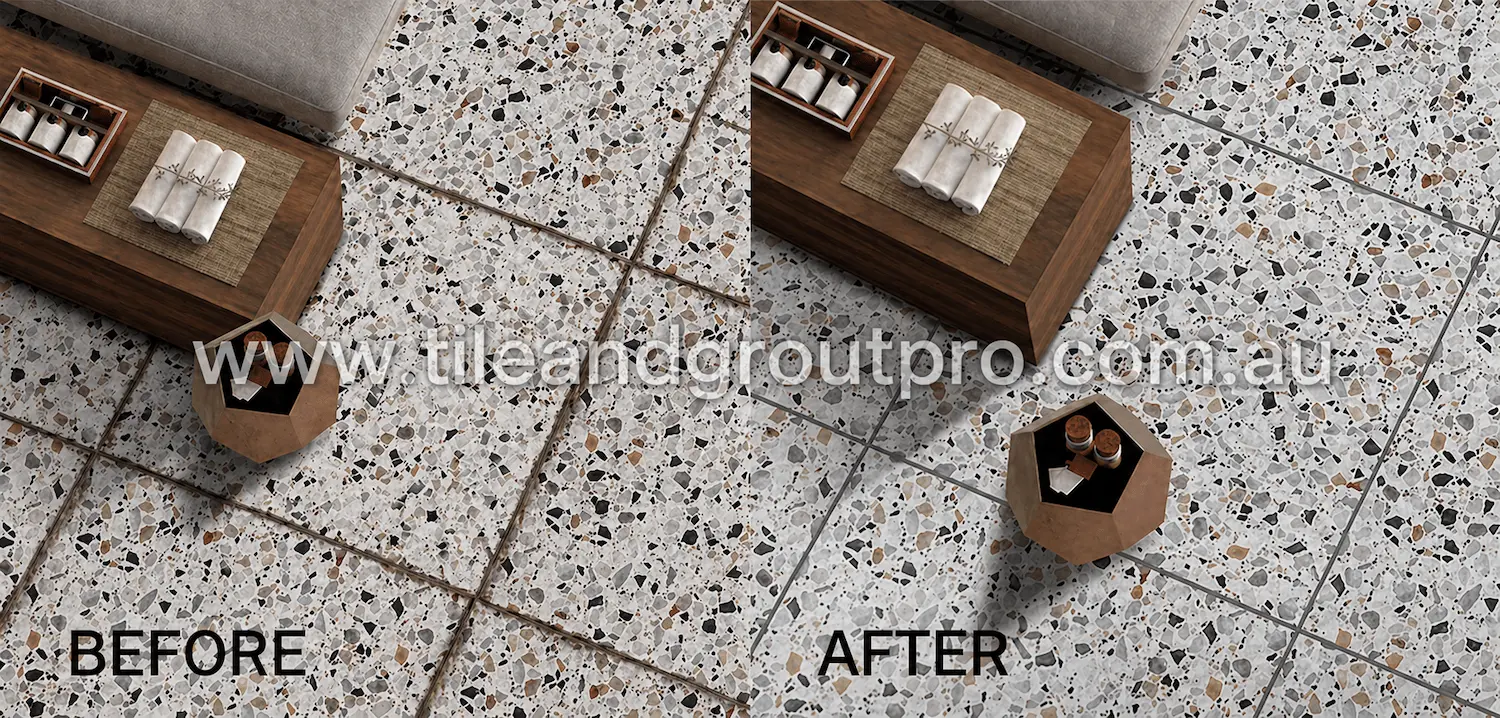 Terrazzo tile floor regrouting before and after showing clean grout lines and restored surface finish