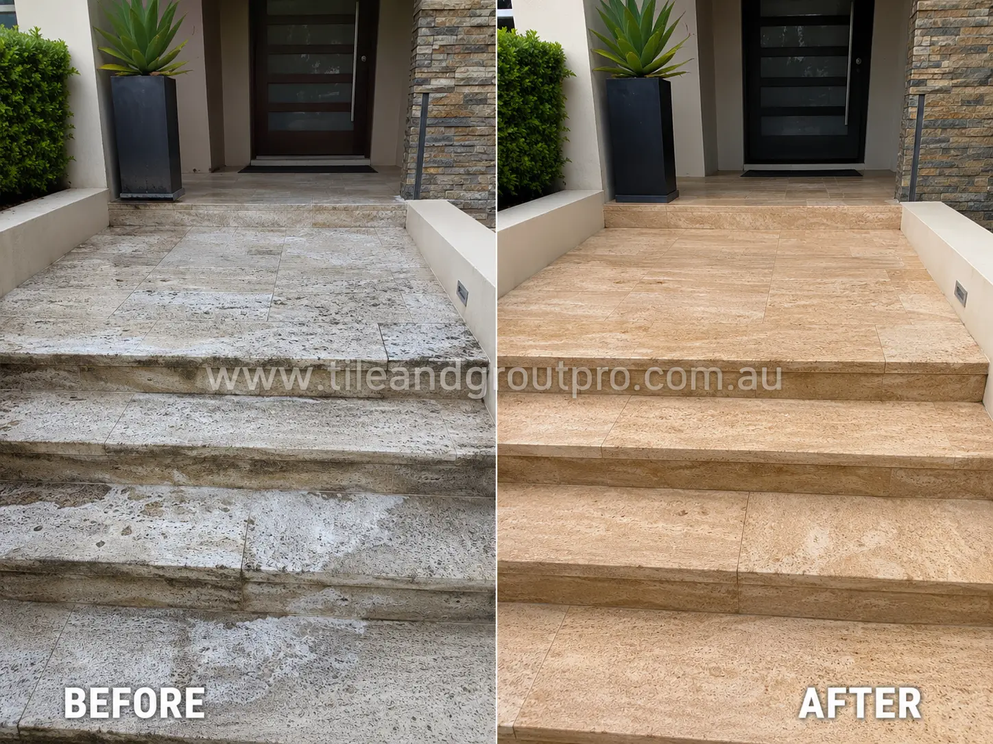 Before-and-after comparison of front entry travertine steps with heavy sealer buildup, surface whitening, and weathered staining before Sealer Stripping.