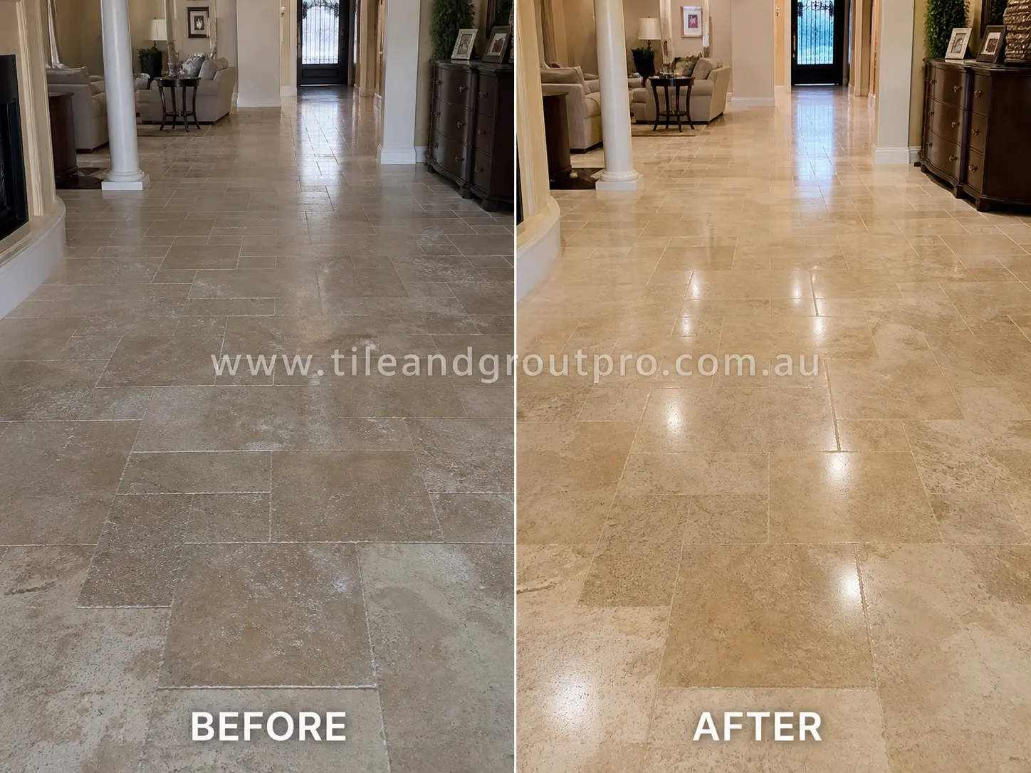 Before-and-after comparison of interior hallway travertine floor tiles with dull traffic wear, sealer haze, and uneven surface finish before Sealer Stripping.