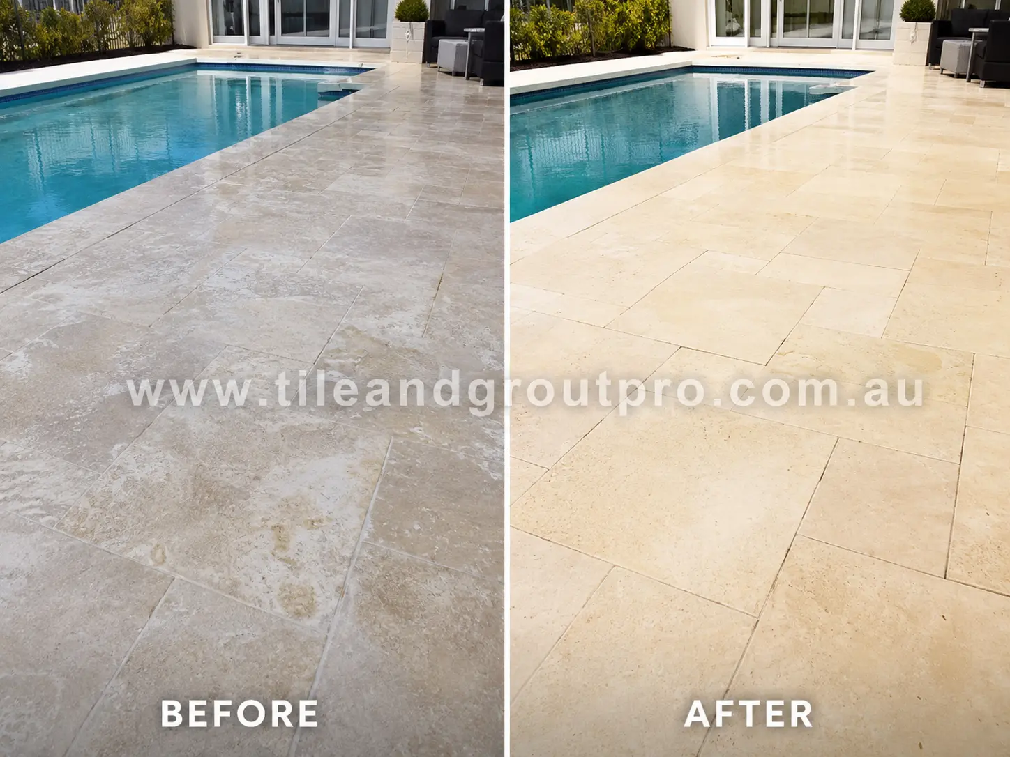 Before-and-after comparison of poolside travertine pavers with weathered sealer residue, whitening, and uneven outdoor surface appearance before Sealer Stripping.