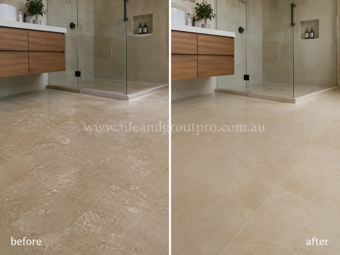 Modern bathroom with beige travertine floor tiles before and after scratch removal, showing scratched and faded stone flooring restored to a clean polished surface. 