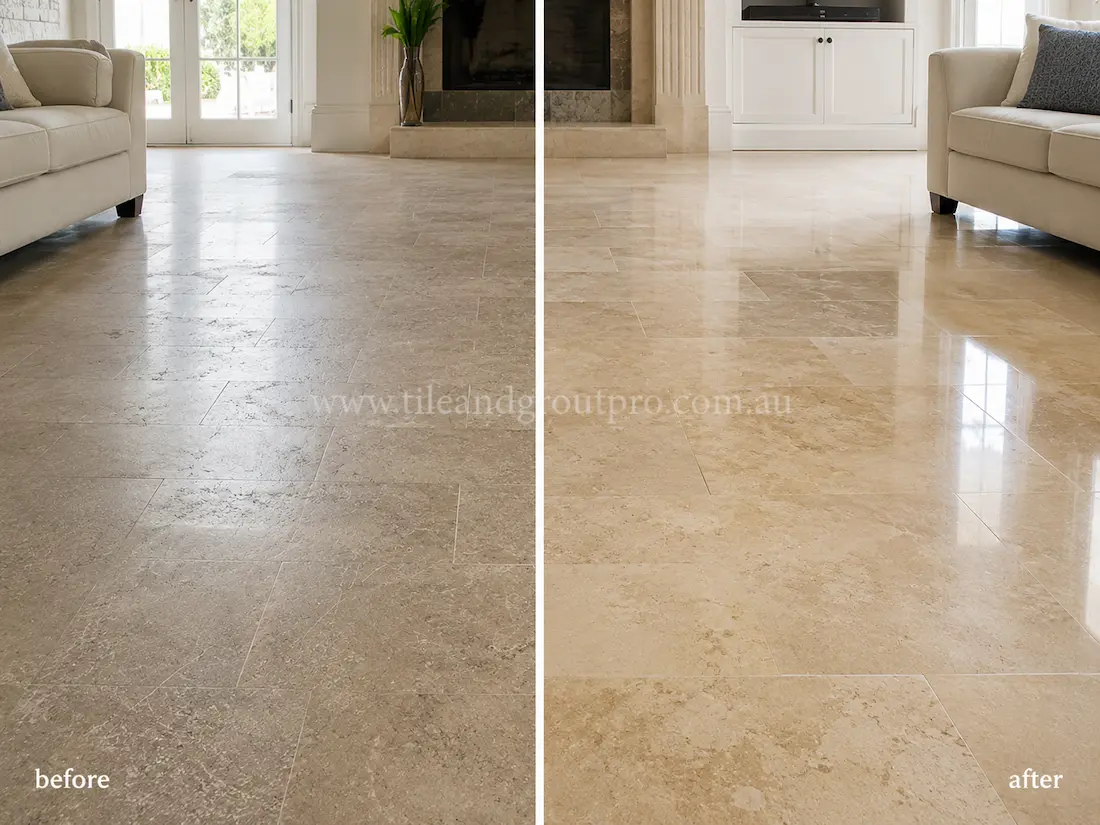 Living room with beige travertine floor tiles before and after scratch removal, showing worn scratched natural stone flooring restored to a bright polished finish. 