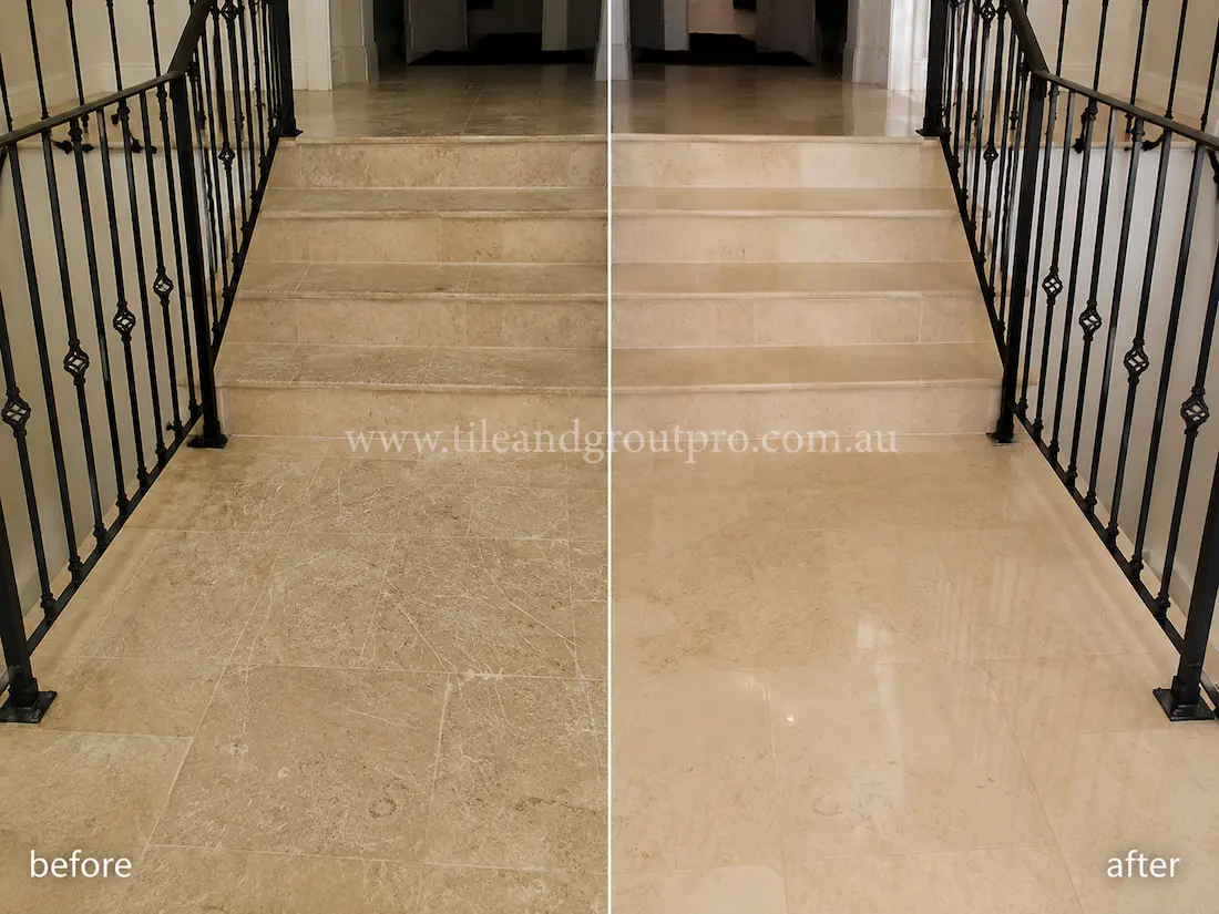 Indoor staircase and landing with beige travertine tiles before and after scratch removal, showing heavily scratched stone flooring restored to a clean polished appearance. 