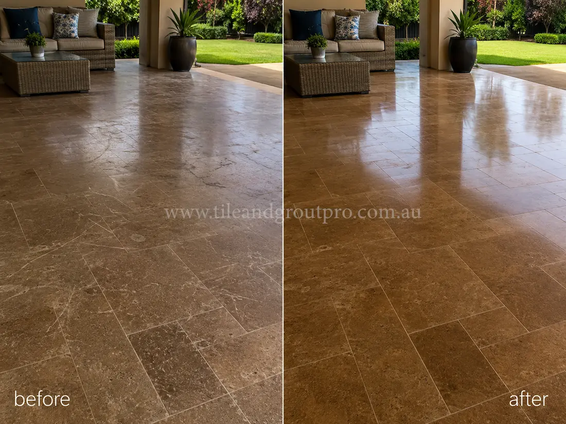 Covered outdoor patio with brown travertine floor tiles before and after scratch removal, showing dull scratched stone flooring restored to a polished reflective surface. 