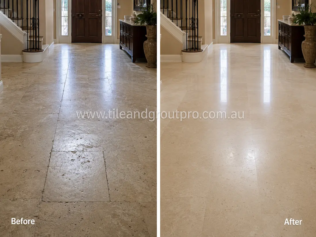 Residential travertine entryway floor before grinding, displaying dull stone surfaces, light scratches, traffic wear, and reduced shine near the staircase and front door.