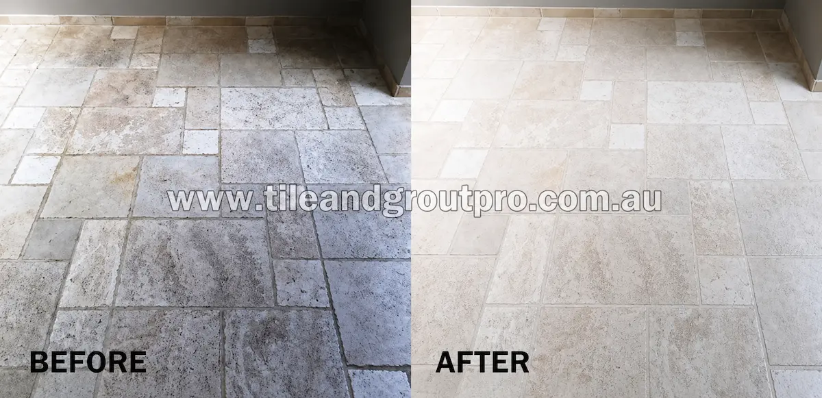 Indoor travertine floor restoration before and after removing dark stains and restoring light natural stone appearance