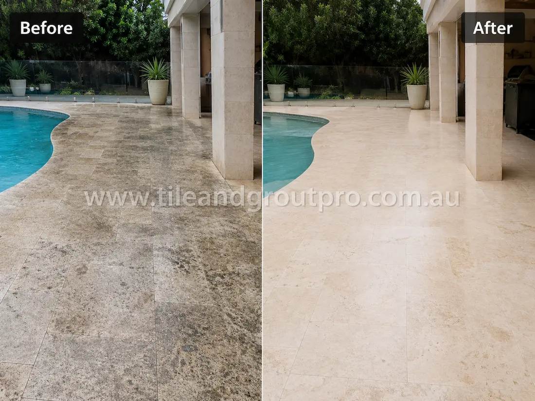 Outdoor poolside travertine pavers before grinding, displaying dark staining, weathering, moisture damage, and uneven stone coloration around the swimming pool and patio area.