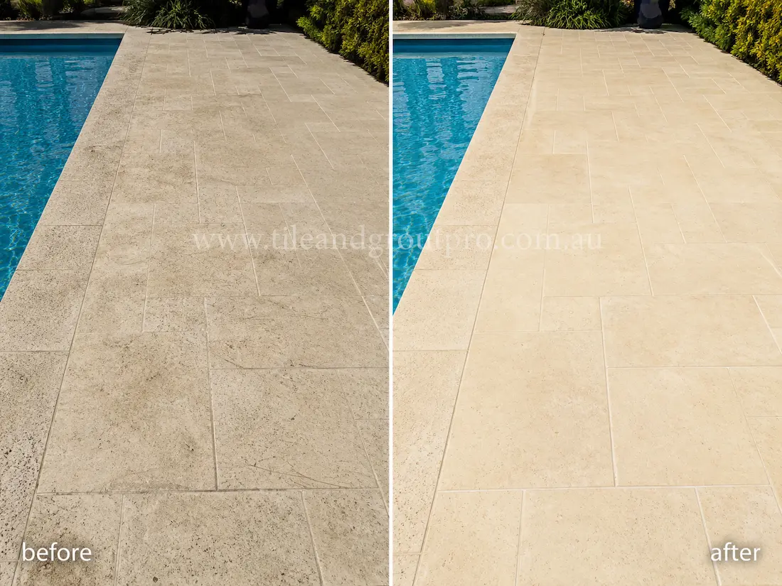 Outdoor poolside area with beige travertine tiles before and after scratch removal, showing weathered and scratched stone pavers restored to a cleaner smoother finish beside a swimming pool. 