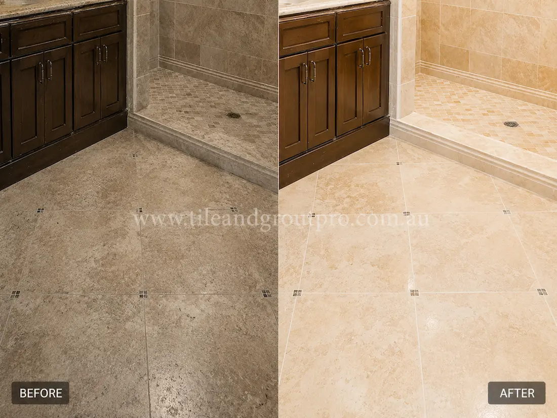 Before tile renewal, the travertine bathroom floor and shower area displayed soap buildup, moisture staining, and a dull worn finish around the vanity and shower enclosure.