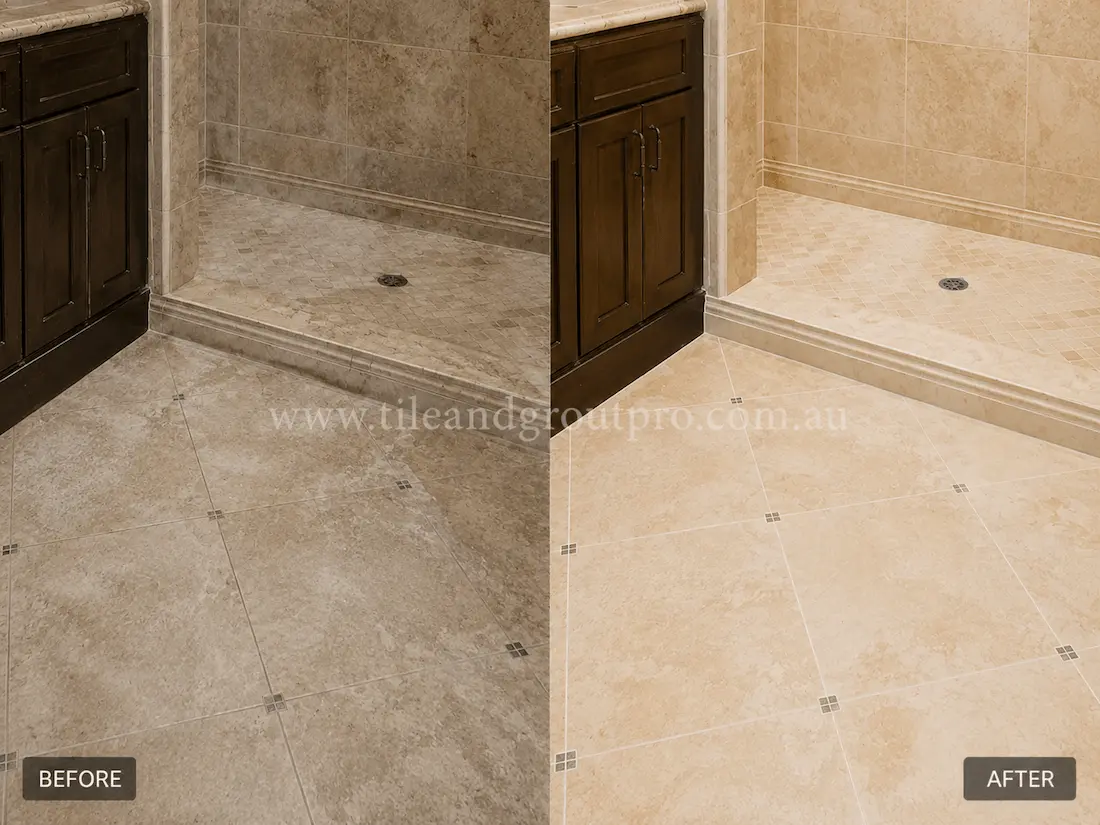Before tile renewal, the travertine bathroom and shower floor displayed soap residue, moisture staining, and a dull surface finish around the vanity and shower area.