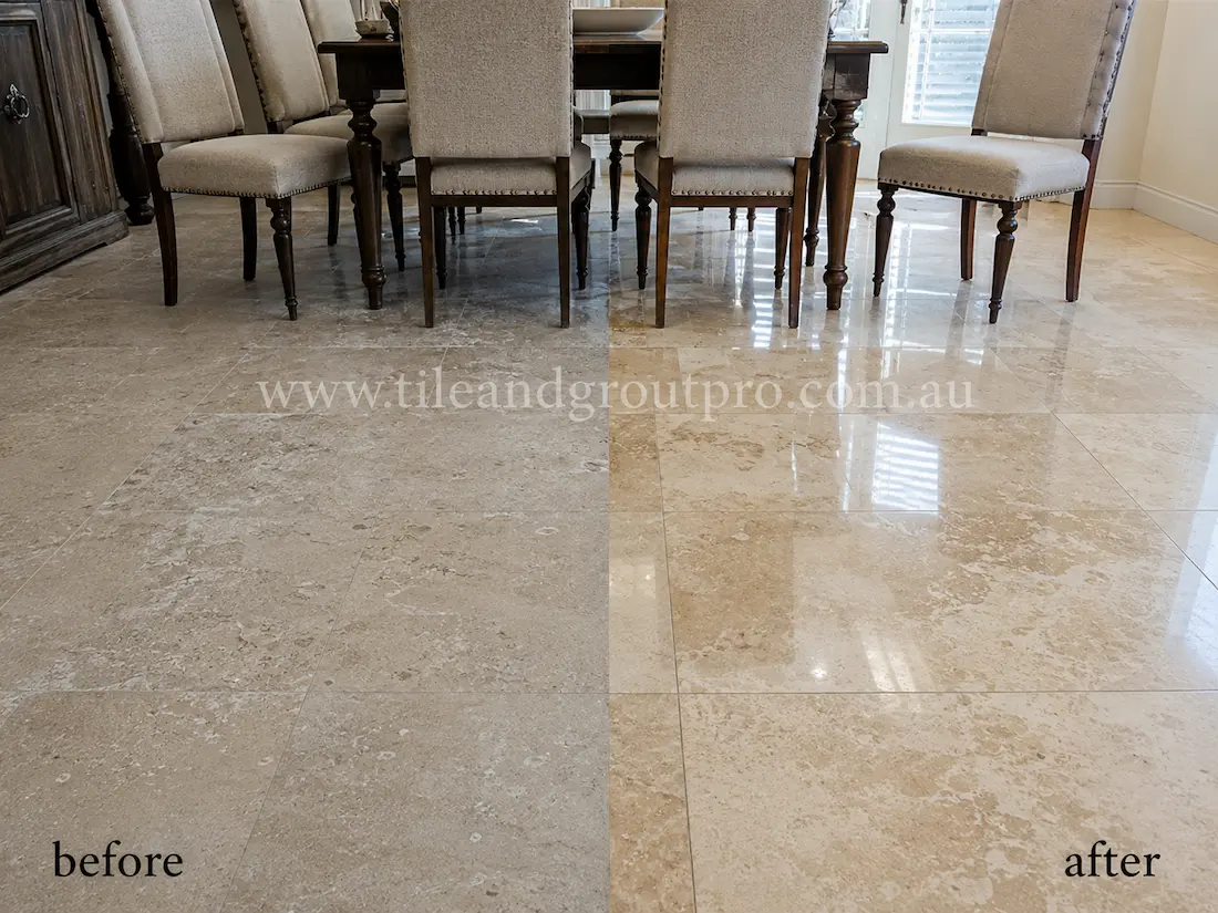 Before stone polishing, the cream travertine dining room floor tiles appeared dull and uneven with reduced shine beneath a timber dining table and upholstered chairs.