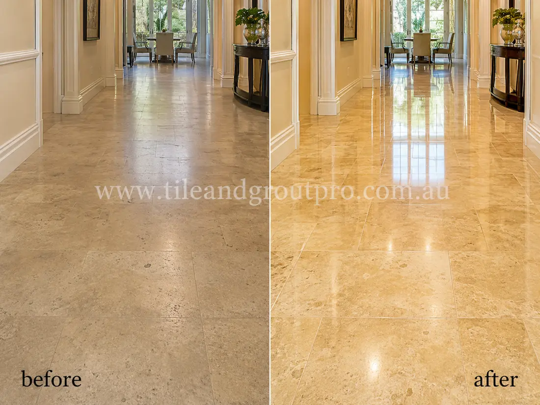 Before stone polishing, the cream travertine hallway floor tiles looked dull and lightly worn with minimal shine in a residential corridor with white walls and doorway trim.