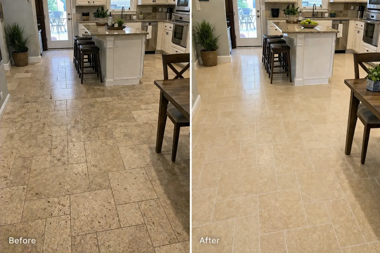 Travertine kitchen floor around island with heavy foot traffic soil, patchy staining, and dark grout before cleaning, shown refreshed with lighter tiles and uniform grout after tile and grout cleaning