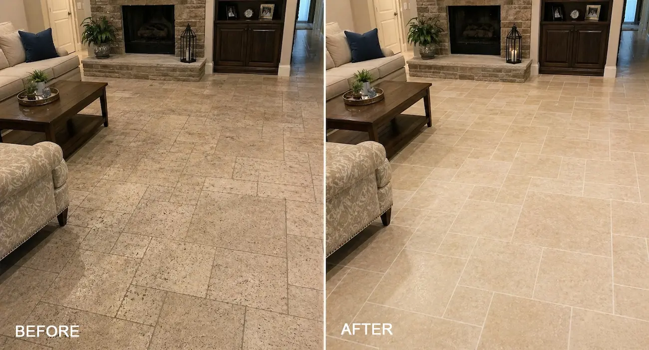 Travertine living room floor near fireplace with visible soil buildup, dark grout lines, and uneven discoloration before cleaning, shown restored to a cleaner, more uniform finish after tile and grout cleaning